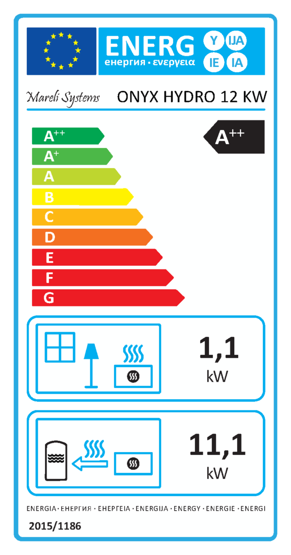 ONYX 12 kW vízteres pellet kályha energetika címkéje