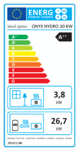 ONYX 30 kW vízteres pellet kályha energetika címkéje