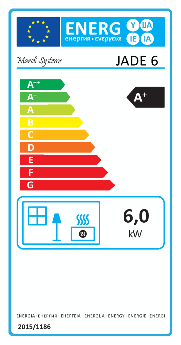 JADE 6 kW légáramos pellet kályha energetika címkéje