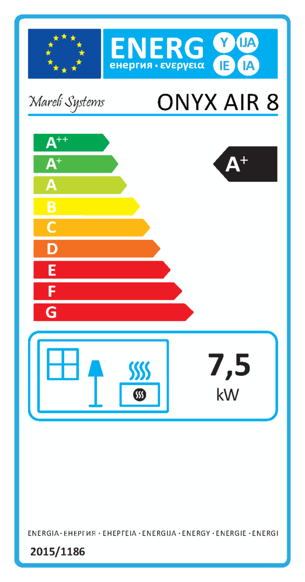 ONYX AIR 8 kW légáramos pellet kályha energetika címkéje