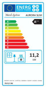 AURORA SLIM 11 kW elcsatornázható pellet kályha energetika címkéje