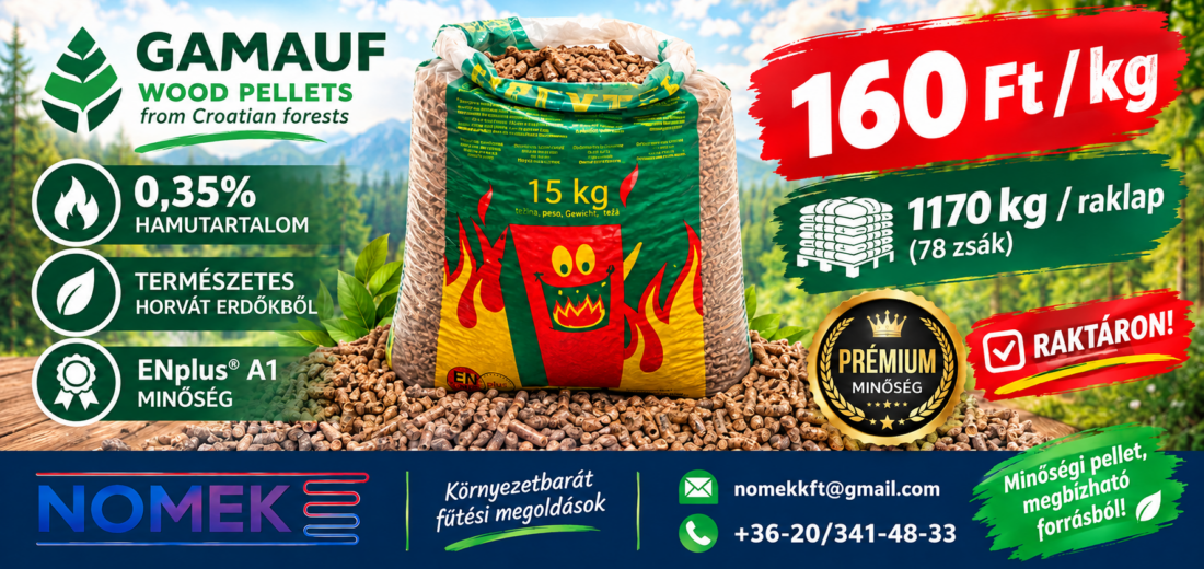 ENplus A1 prémium minőségű fa pellet 0,35% hamutartalommal a NOMEK Kft-től